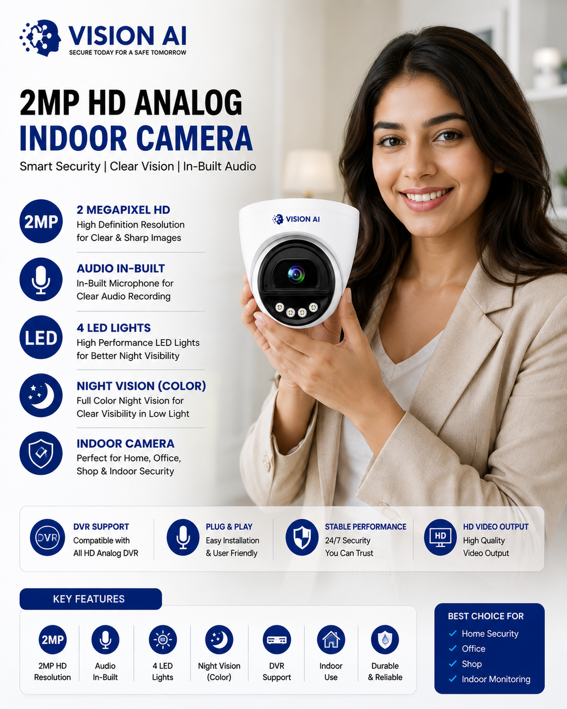 Vision AI 2MP HD Analog Indoor Camera with Built-in Audio, 4 LED Full Color Night Vision